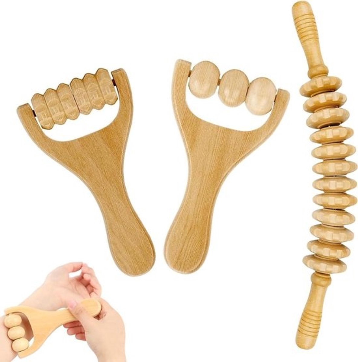 Houten Massagerollers - Fascia set - Spierontspanning - Ergonomisch ontwerp - 3 stuks - Houtkleur