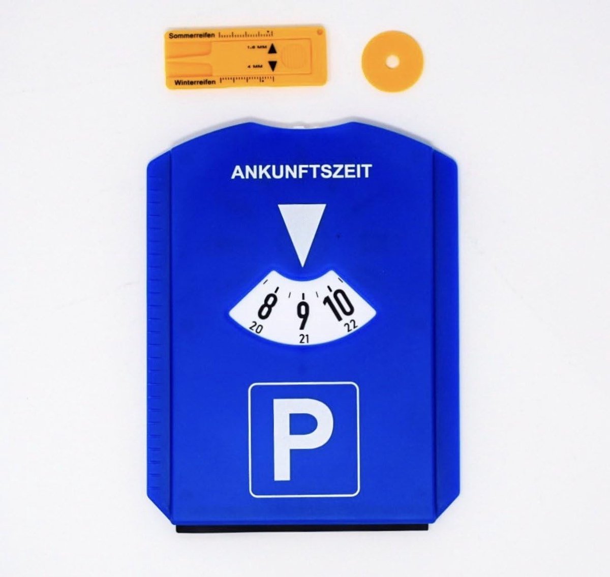 Varieties UG parkeerschijf met ijskrabber winkelschip en bandenprofielmeter parkeermeter van kunststof parkeermeter auto blauw
