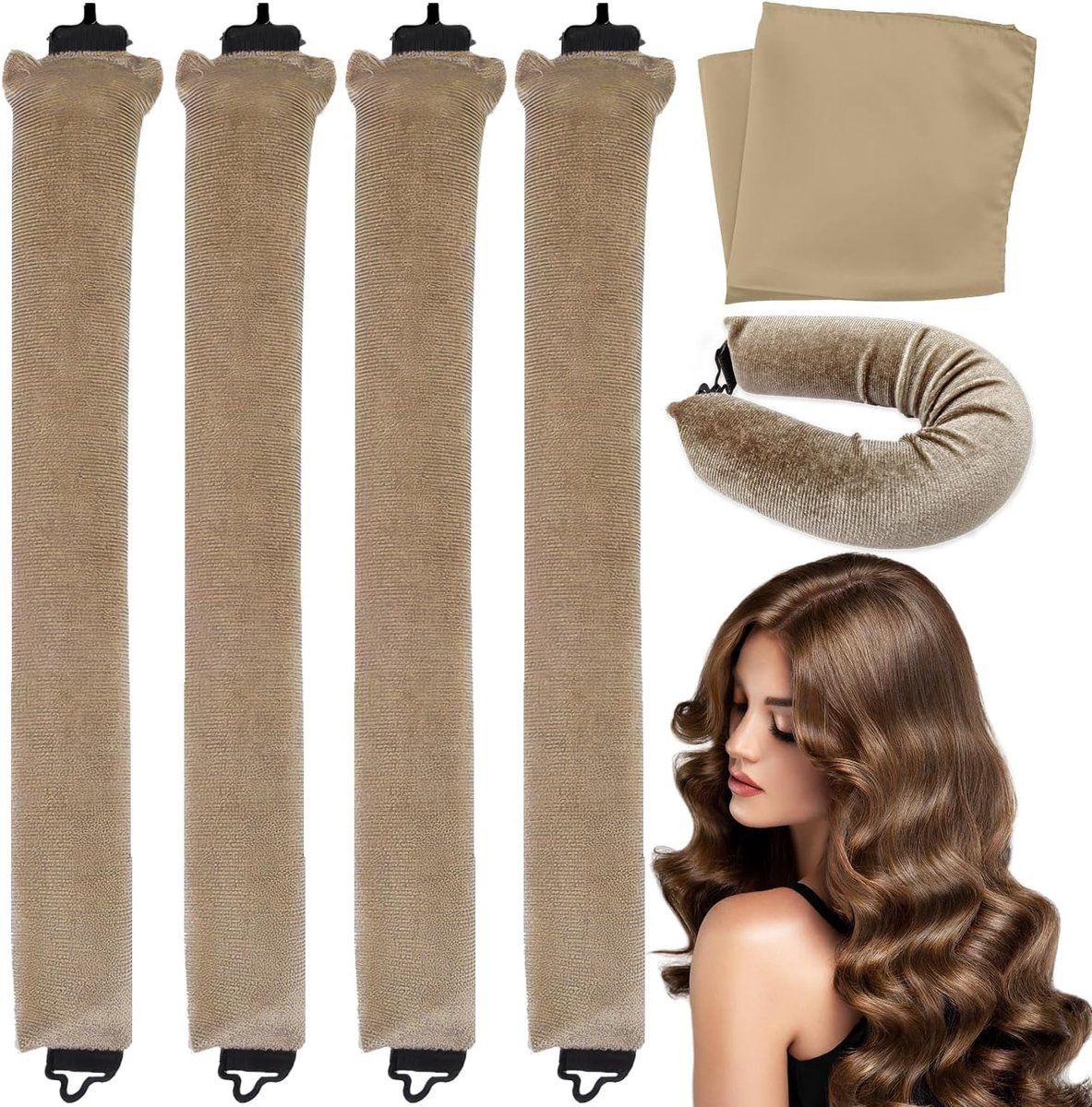 Dailygoods - Heatless Curlers - Haarrollers zonder Hitte - Perfecte Krullen - Kaki - Krulspelden - Geschikt voor Lang Haar - 4 stuks