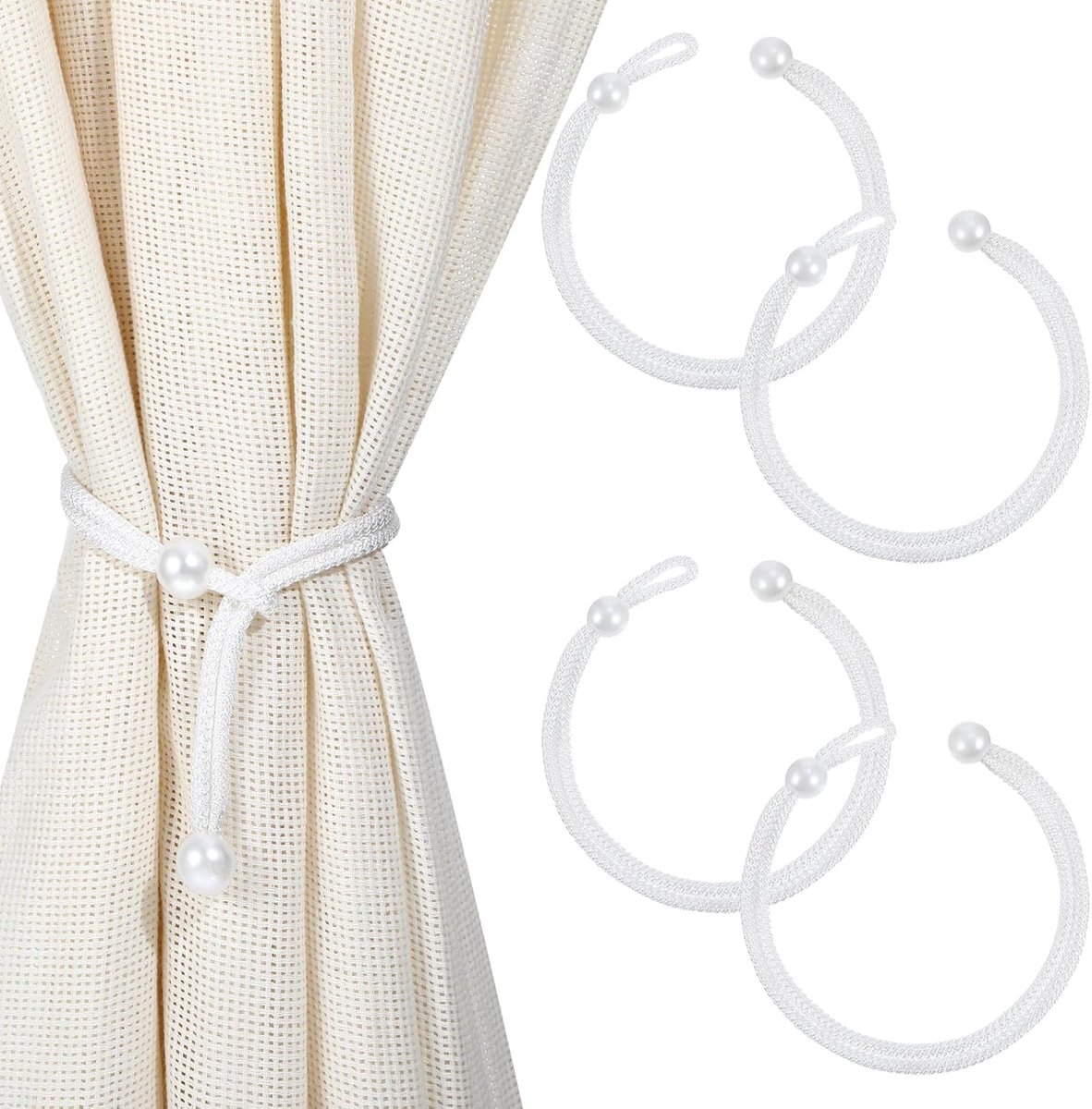 Dailygoods- Parelgordijnen 4 Stuks - Verstelbare Gordijnhouders - Wit - Hoogwaardig Polyester - Eenvoudige Bevestiging - Elegante Touch - Gordijnclip