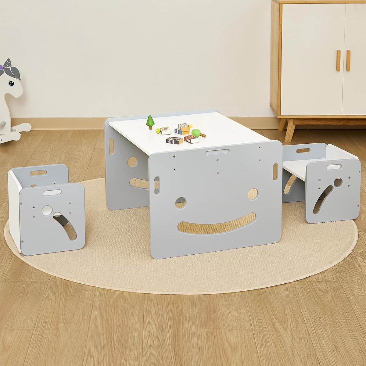 Montessori Set tafel en 2 stoelen voor kinderen van 1-3 jaar, verstelbare hoogte, ideaal voor lezen, eten en spelen, eenvoudige montage, CPC-gecertificeerd, grijs