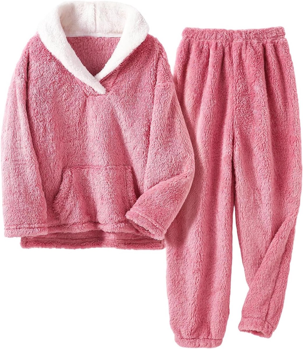 Kinderkledingset maat 122-152, tweedelig flanel met lange mouwen voor meisjes en jongens, vrijetijdspak met kangoeroezak, reverskraag en joggingbroek