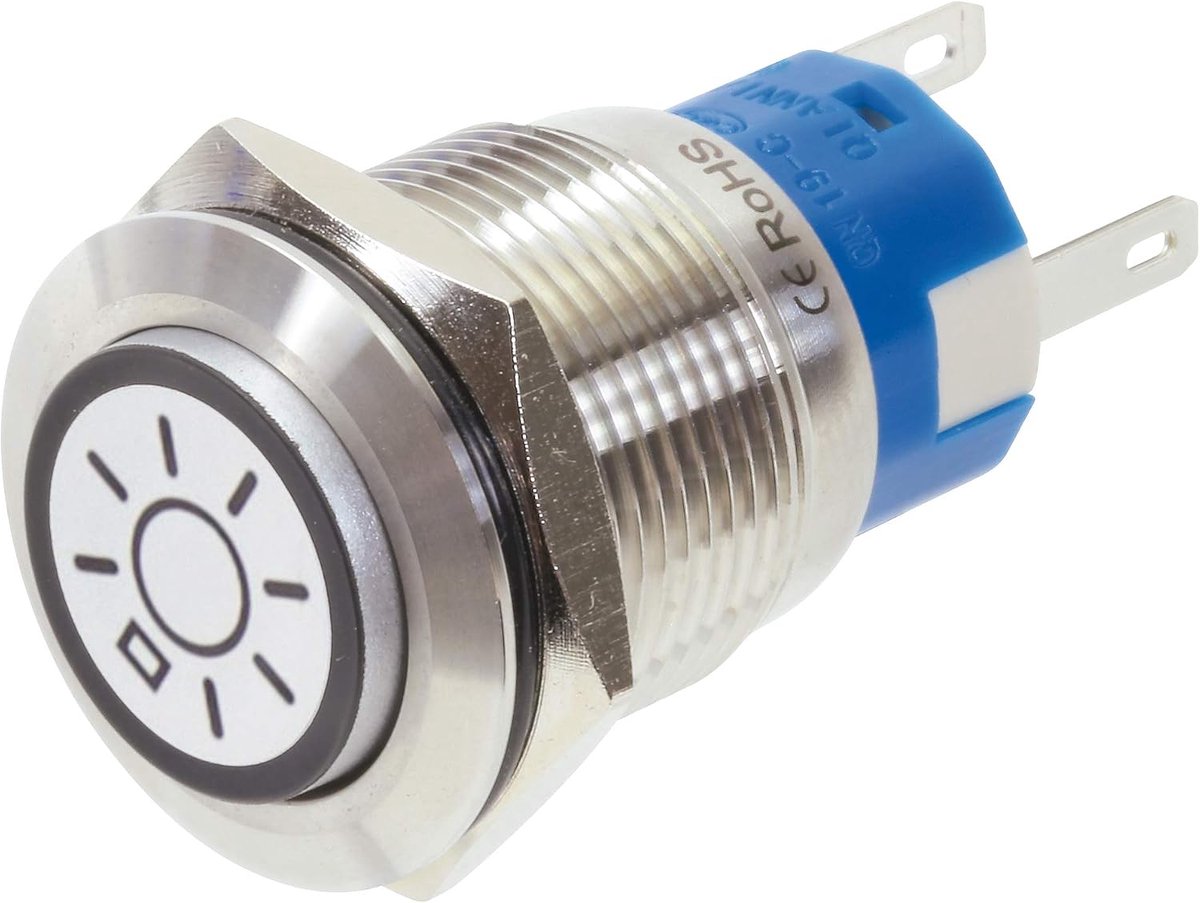 Metalen knop van roestvrij staal, wit verlicht symbool, stof- en waterdicht volgens IP 67 standaard, lichtsymbool