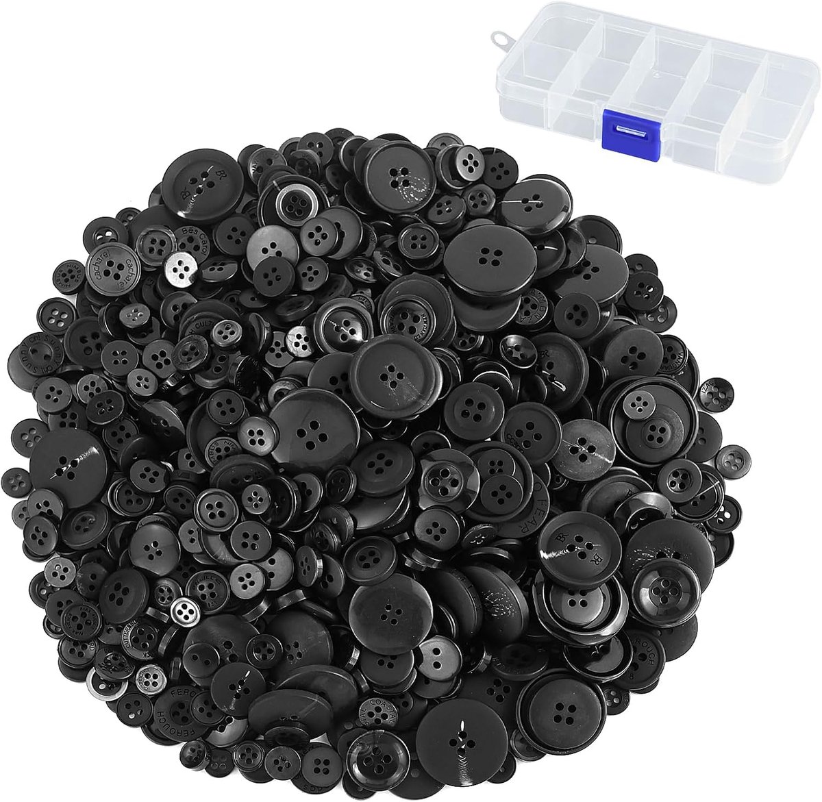 Knopen, zwart, 0,7 - 3,5 cm, 4-gaats ronde harsknopen, hemdknopen om te knutselen, met opbergdoos voor naaien, overhemden, doe-het-zelf handwerk, scrapbooking