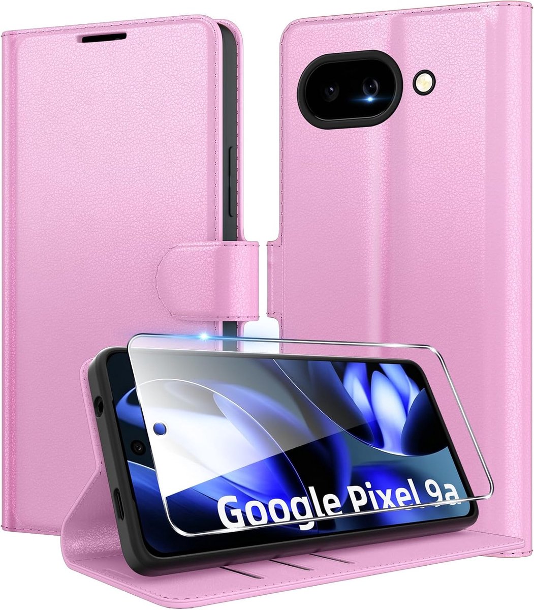 Hoes voor mobiele telefoon voor Google Pixel 9a, premium PU-leer, portefeuille, kaartenvak, standfunctie, beschermhoes, stootvaste klaphoes, flip case met 1 stuks pantserbescherming, glas