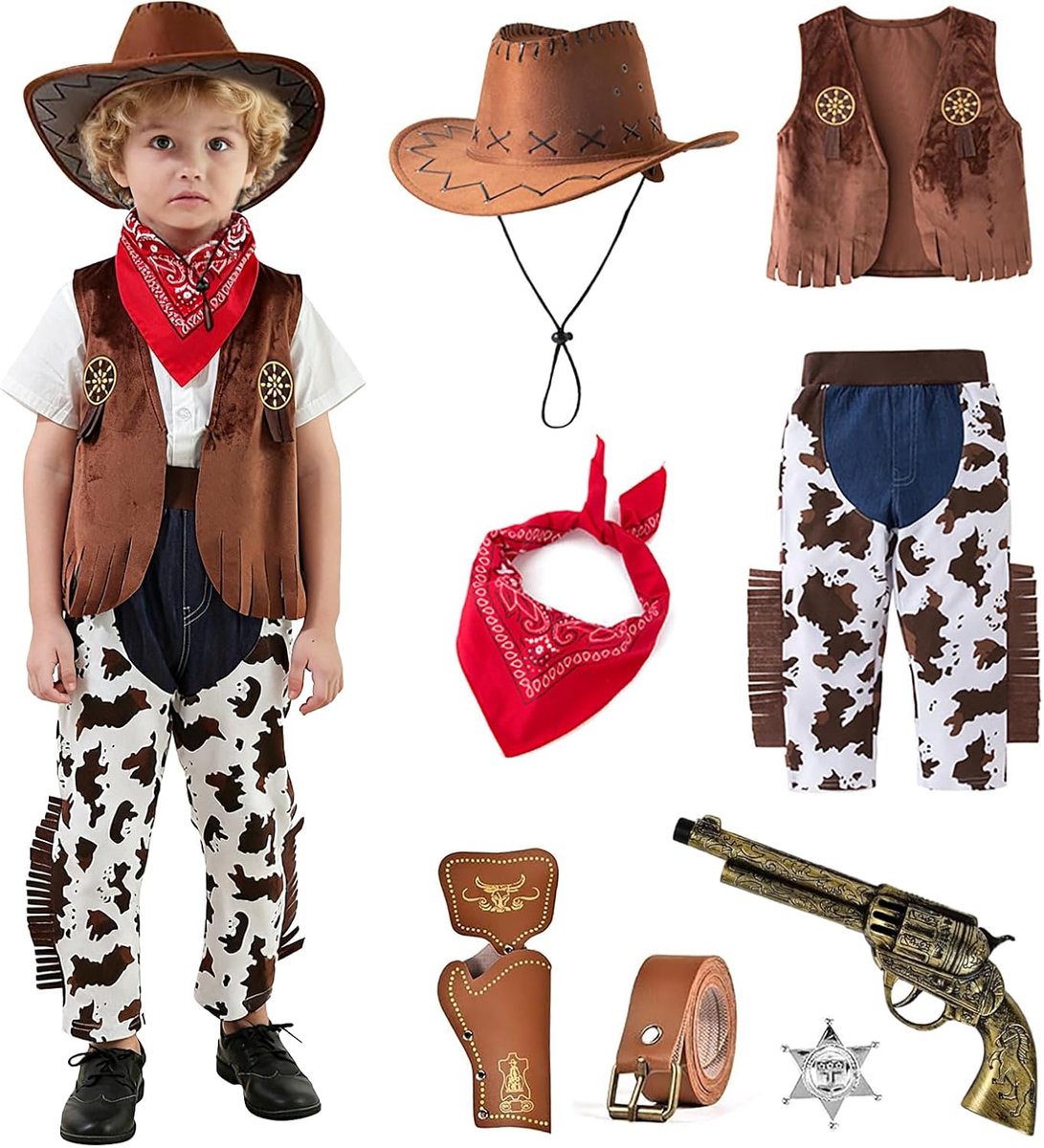 Cowboykostuum voor kinderen, carnavalskostuum voor kinderen, cowboyvest met accessoires, sheriff-kostuum voor carnaval, cosplay, Halloween, party, verkleedpartij (130)