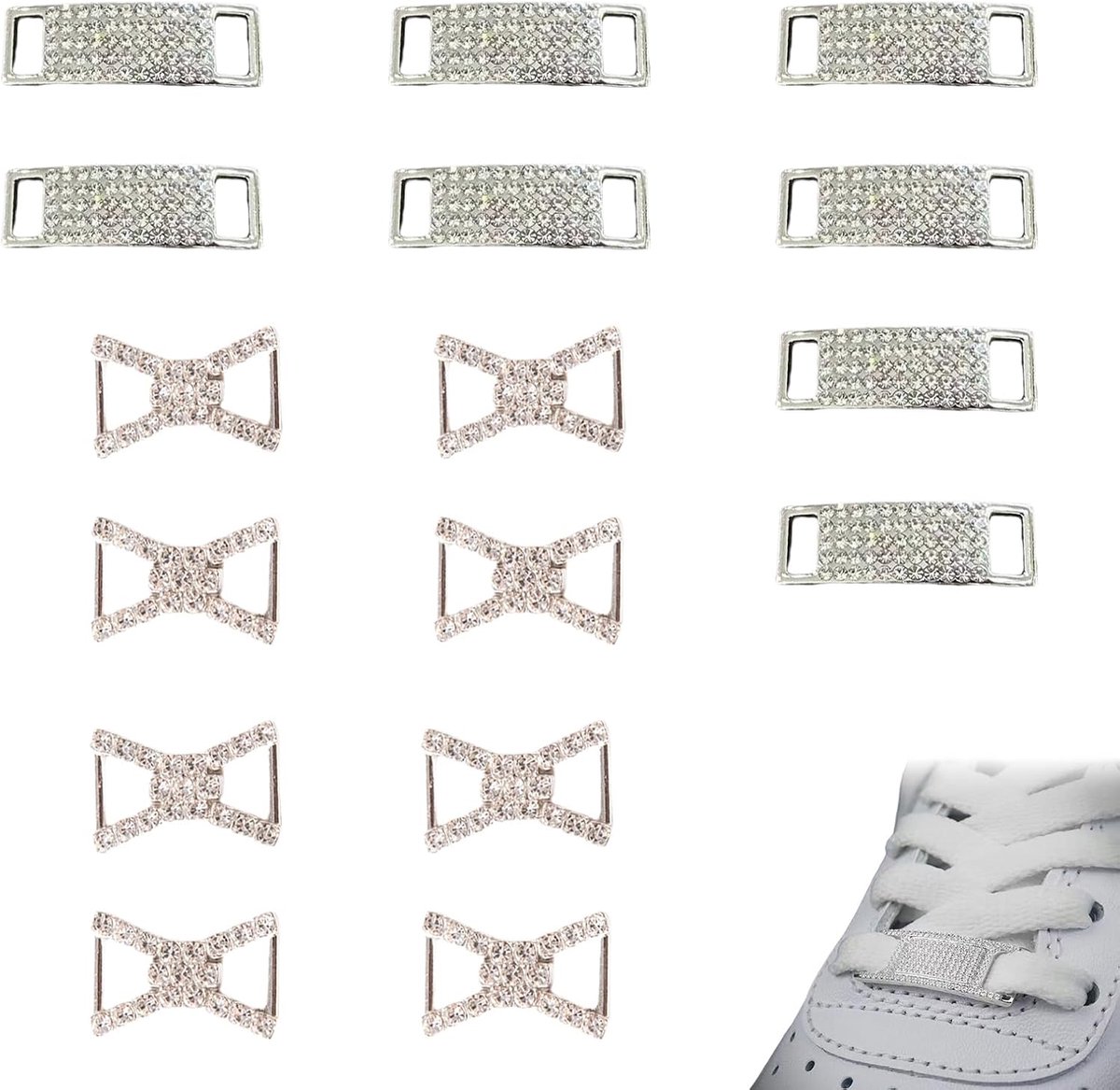 Schoenveter Charms - 16 stuks, 4 paar strik oorhangers & 4 paar diamant schoenen charms, zilver, met hoogwaardige metalen en kristalontwerpen