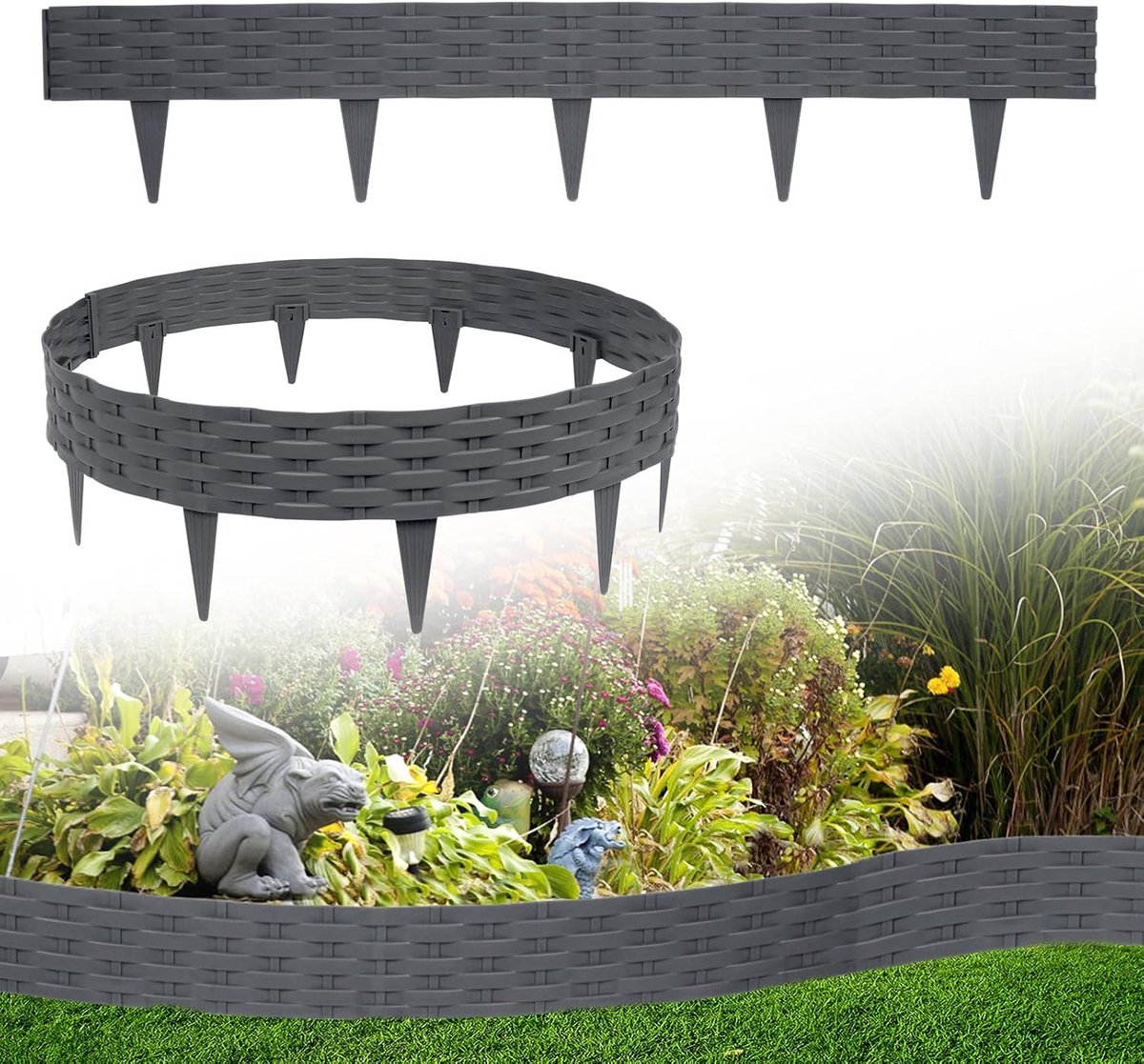 Gazonrand, kunststof, 20 m, bloembed, tuinhek, bloemperkomranding, rotan-look, randstenen, palissaden, tuin, decoratief, border, bloembed, tuinpalissade, antraciet