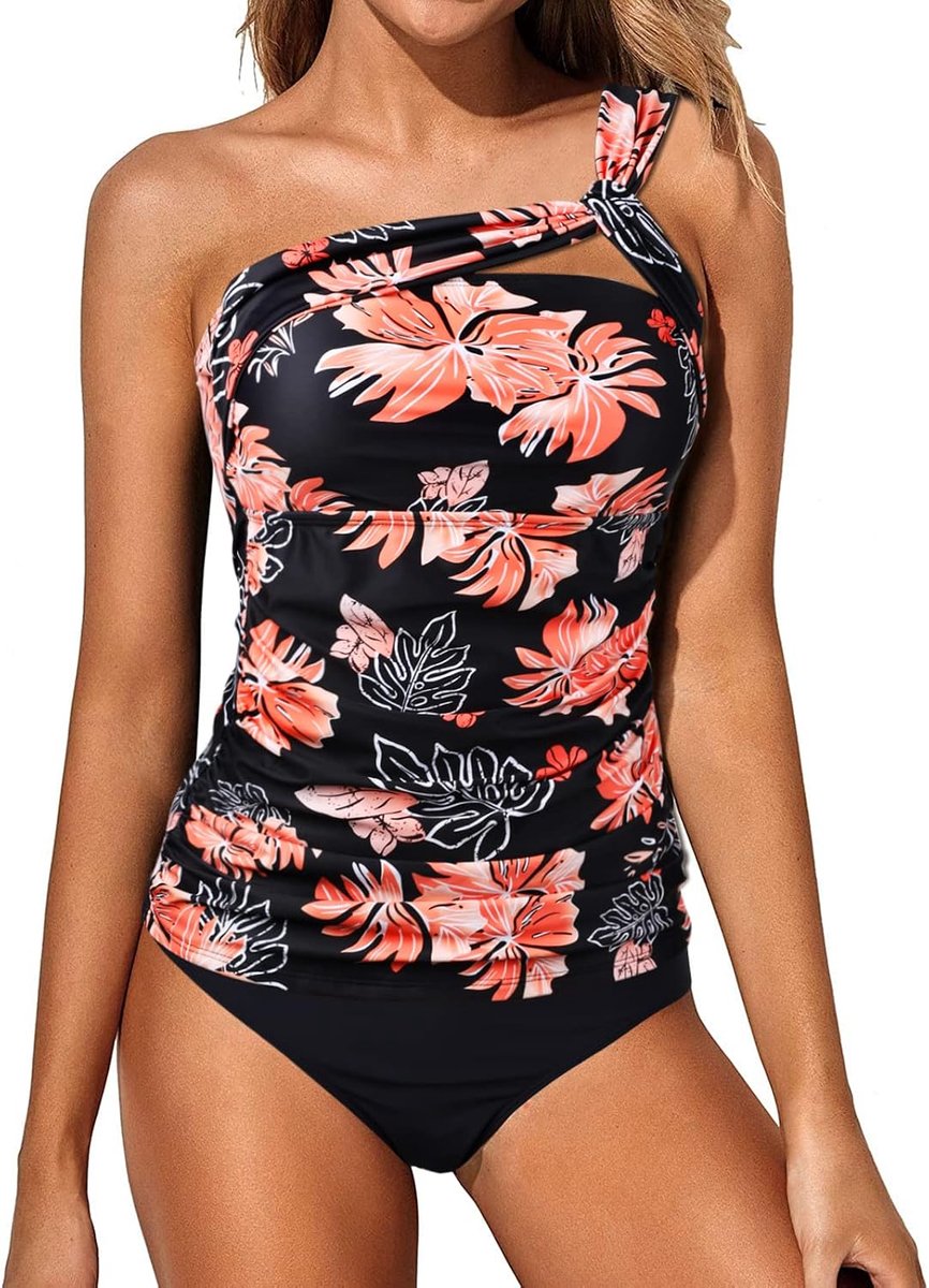 Badmode voor dames, tweedelige tankini, buikcontrole, zwemkostuum, één schouder zwemtop met shorts, badpakken