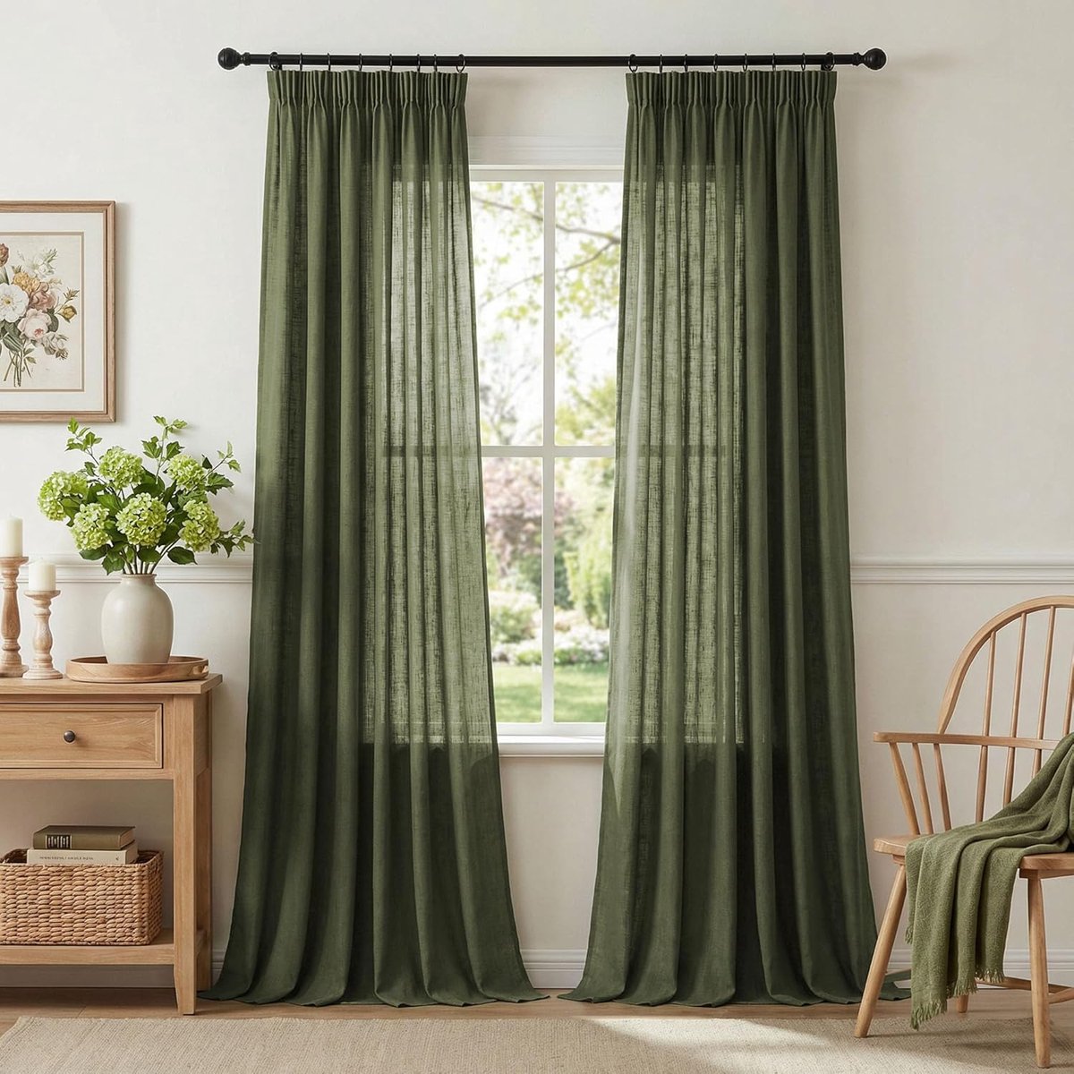 Gordijn met plooiband, lusgordijn, set van 2, gordijnen, half-transparant, linnenlook, gordijnen, H 225 x B 140 cm, olijfgroen