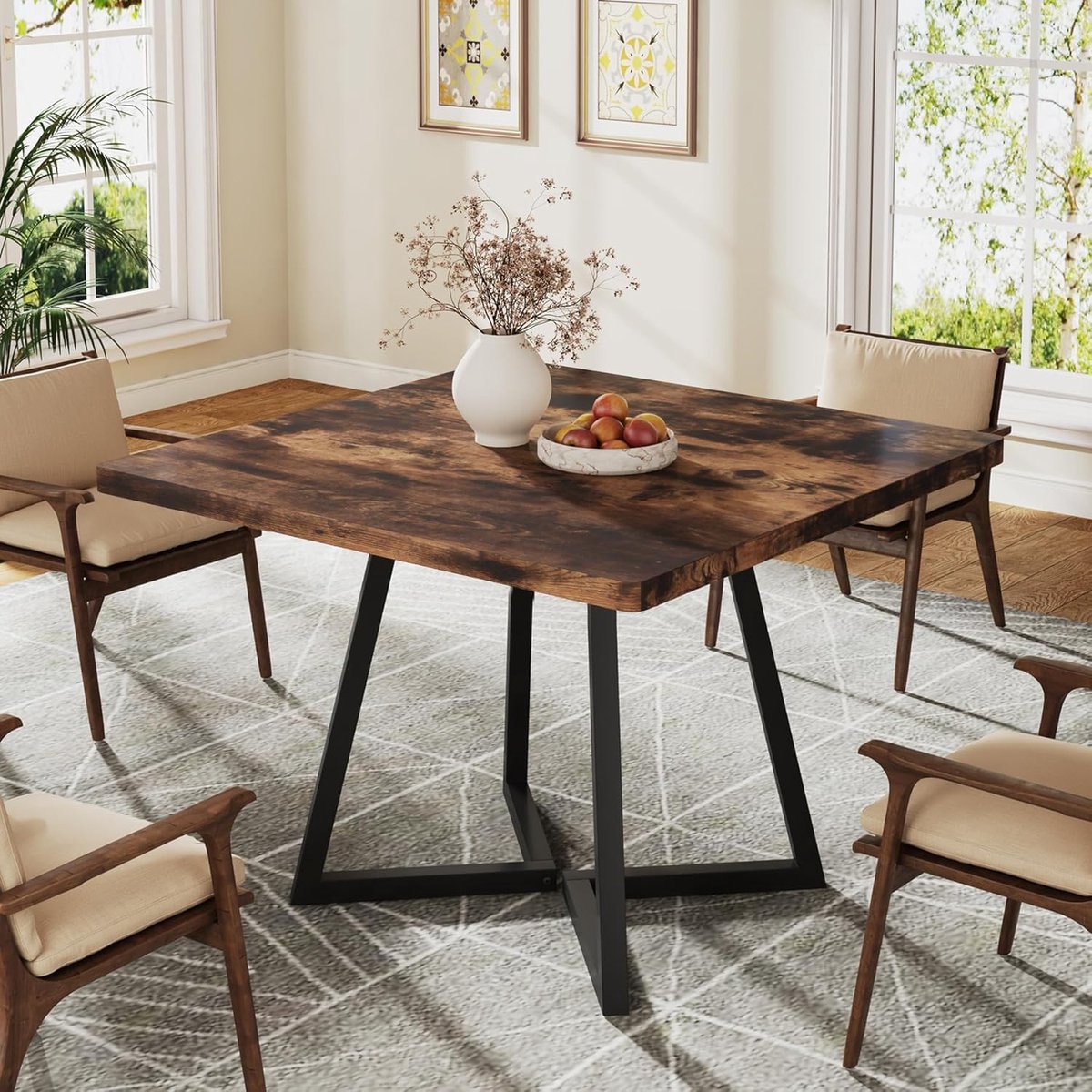 Eettafel, kleine eettafel, keukentafel eetkamertafel 80x80 cm, voor 4 personen, metalen voet in industriestijl (rustiek bruin & zwart)