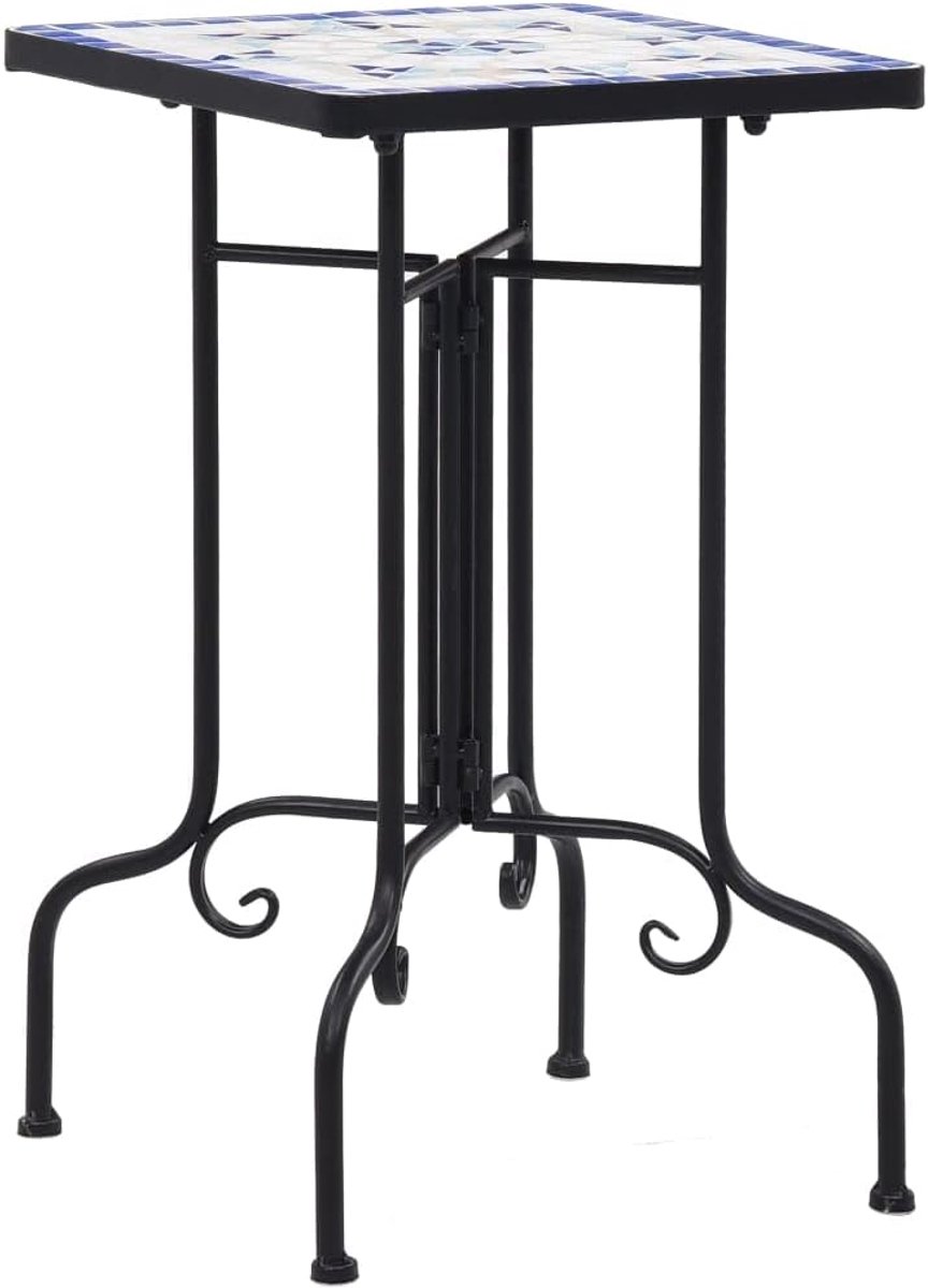 Outdoortafel met weerbestendig mozaïek-tafelblad in blauw en wit, elegant ijzeren frame, te gebruiken als plantentafel, balkontafel of bijzettafel, keramisch mozaïek licht