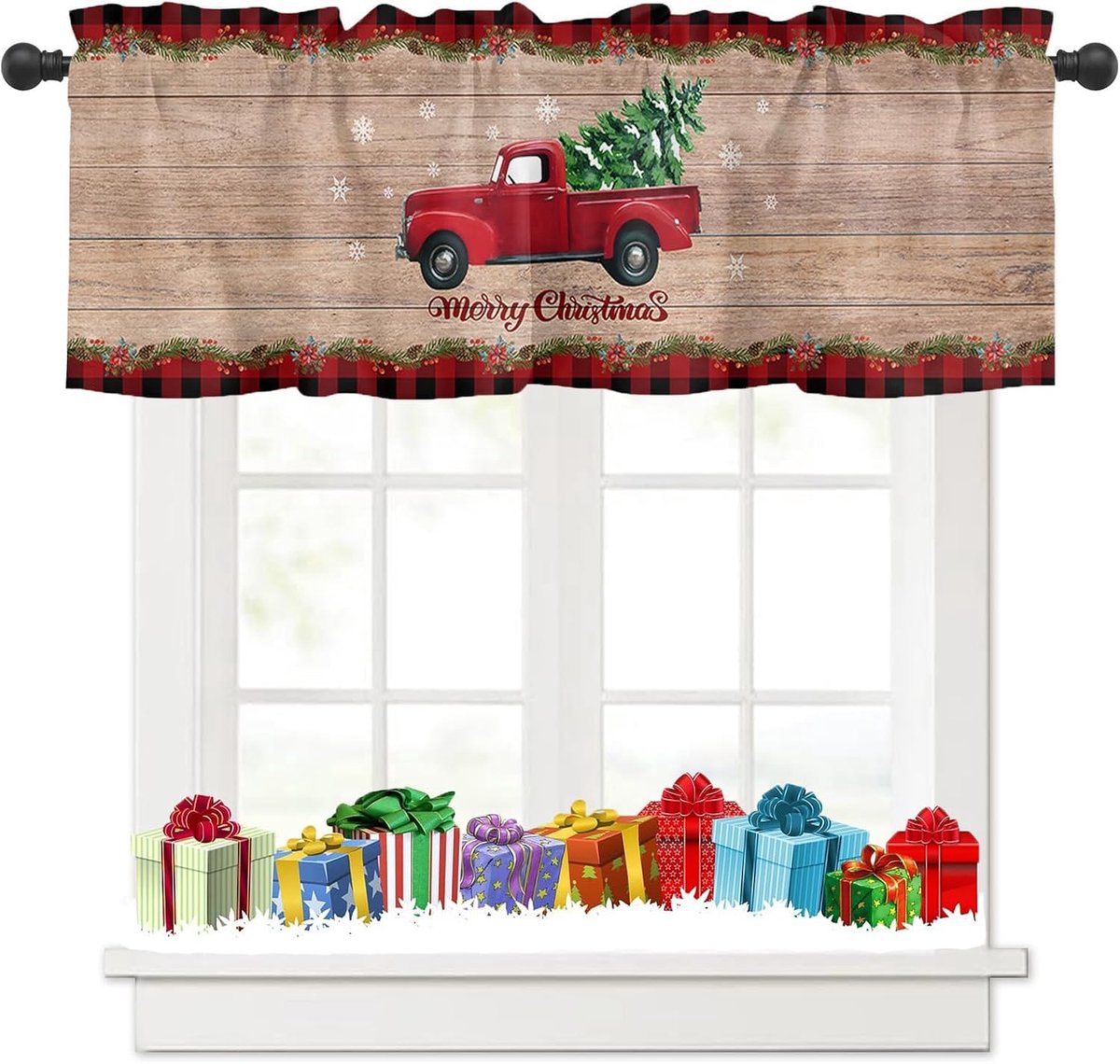 Decoratief Kerstgordijn voor Keuken Truck Kerstboom Sneeuwvlok Patroon Ondoorzichtig Bistro Gordijnen voor Slaapkamer B 137 × H 45 cm