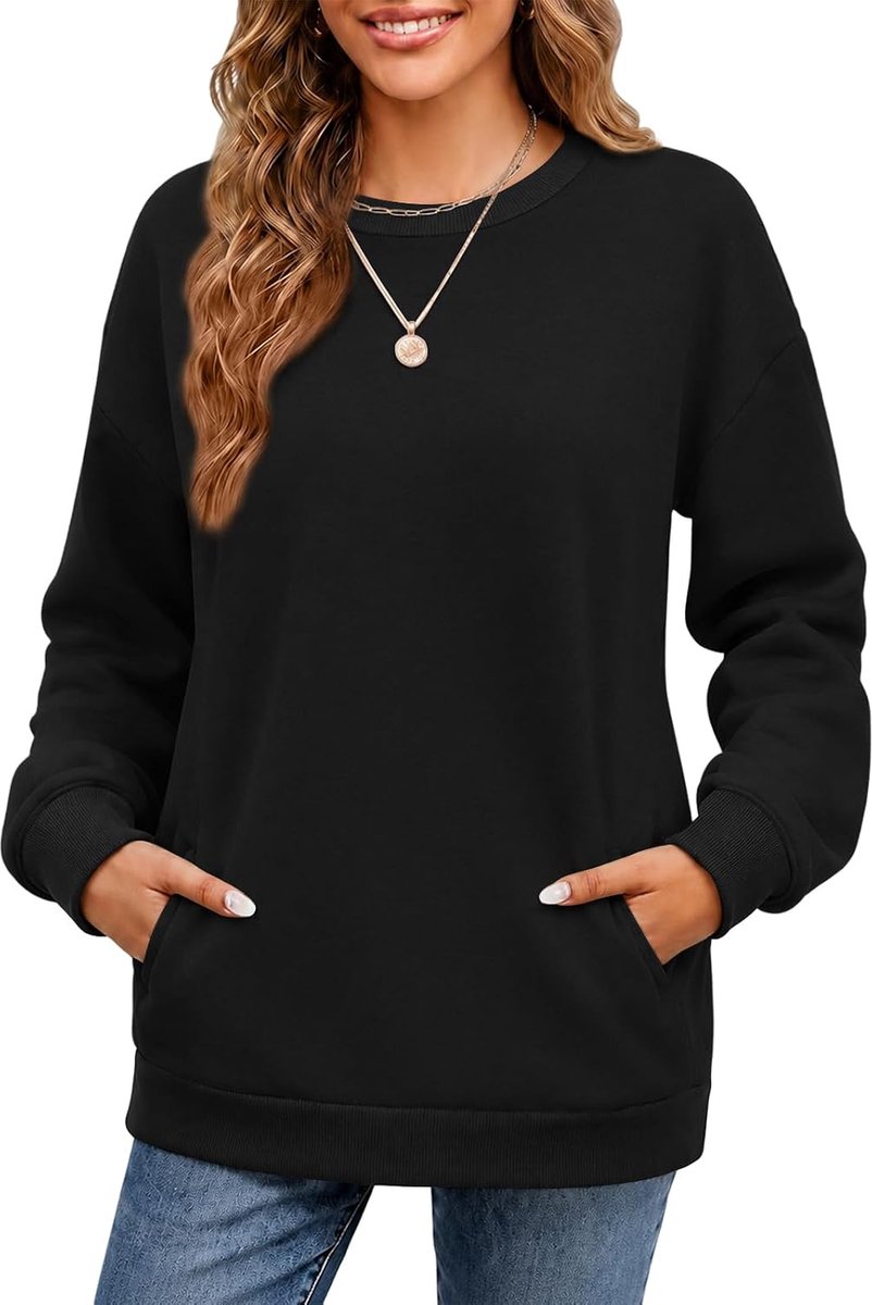 Sweatshirt voor dames, ronde hals met zakken, contrasterende losse