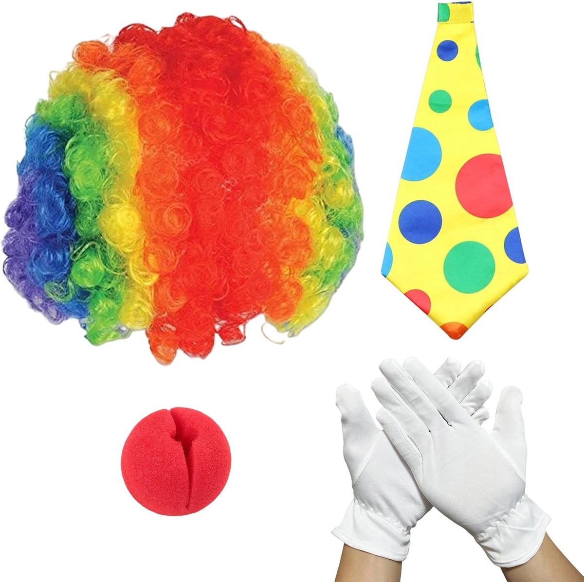 4 Stuks Clownskostuumset, Clownspruik, Neus, Stropdas en Handschoenen, Mix Klassieke Clownaccessoires voor Dames en Heren, Carnaval, Cosplay Party