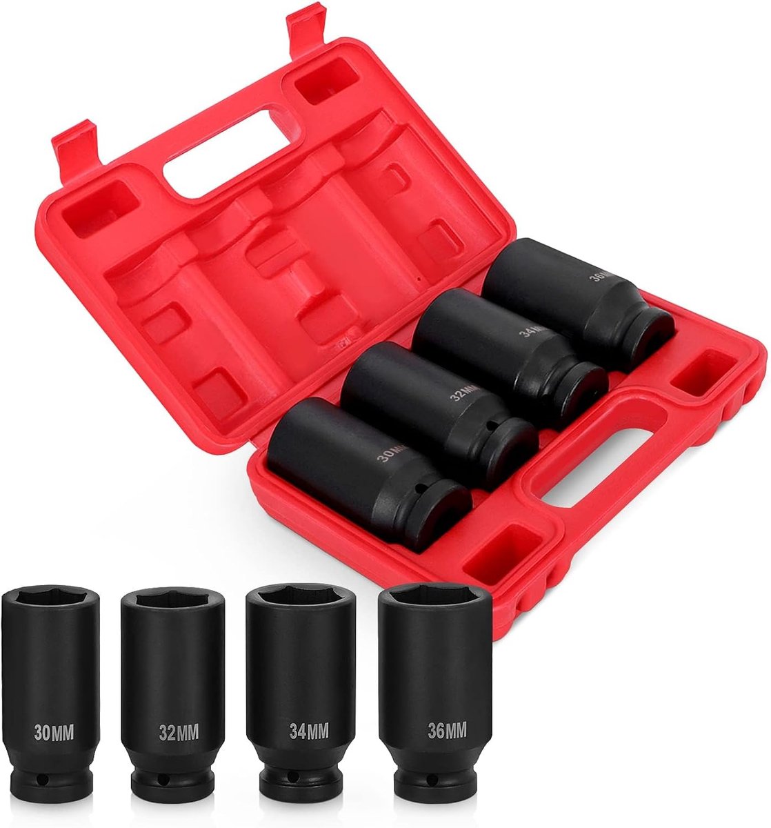 Accessoire met diepe slagdopsleutel 4 Stuks, Moer Aandrijfassen Gereedschap met Gereedschapskist Chroom-vanadium Staal, 1/2 Inch Slagmoersleutel Inzetset 30-36mm Zeskantmoeren Set