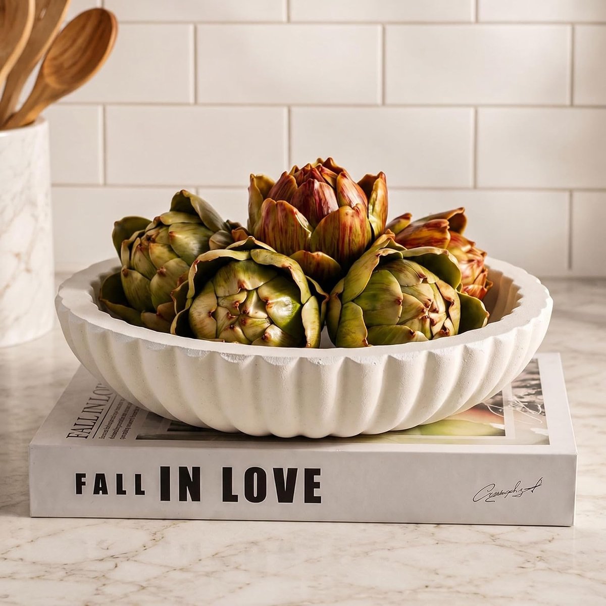 Witte houten decoratieve kom: kleine sleutelkom voor woonkamer salontafel middelpunt 25 cm moderne gecanneleerde potpourri kommen ronde snuisterij lade voor gangen entree decor