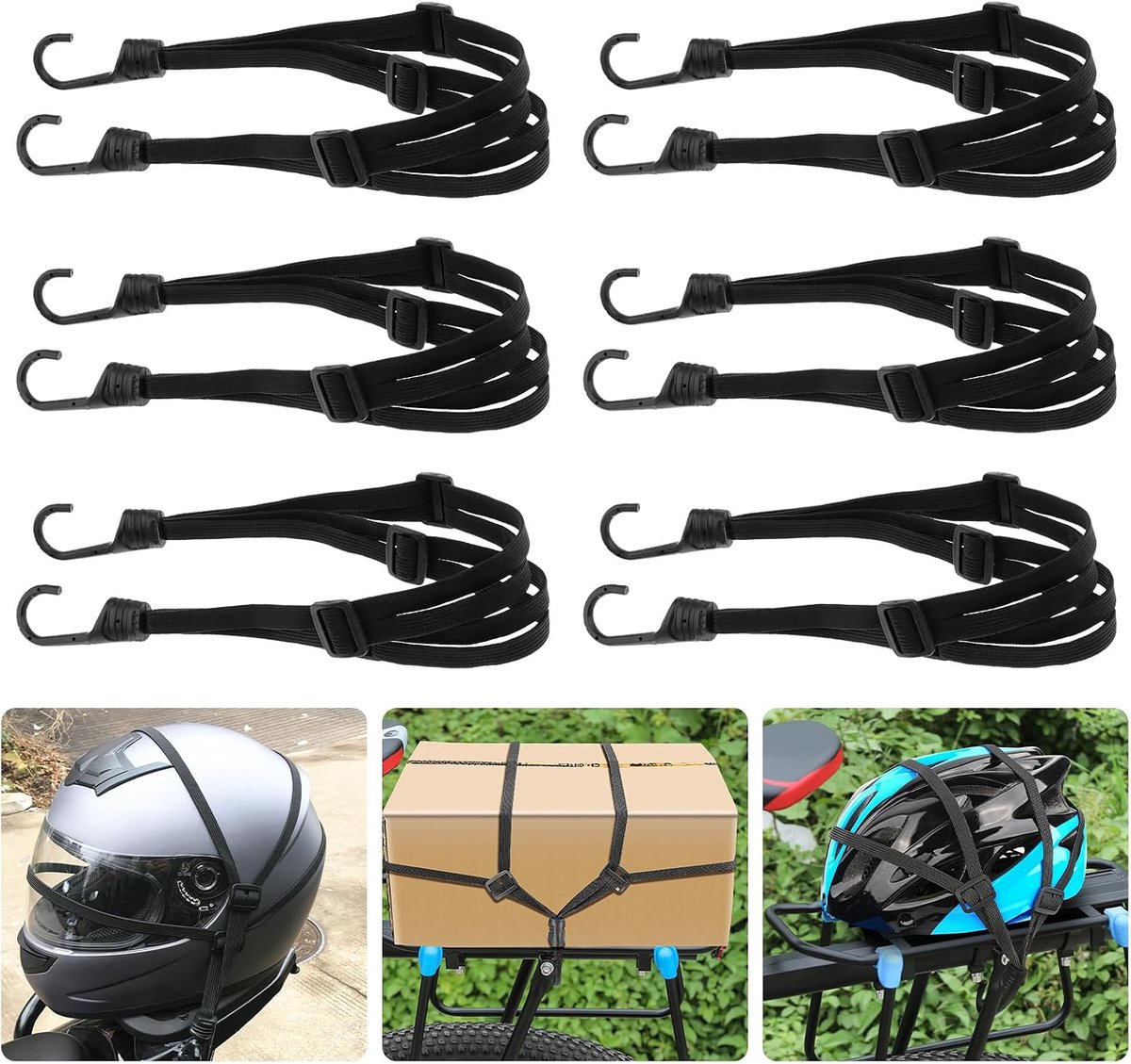 Elastische spanbanden met haken, 6 stuks, verstelbare bagageriem, elastische riem met 12 schuifgespen voor motorfiets, bevestiging van helm, bagage, schoudertas