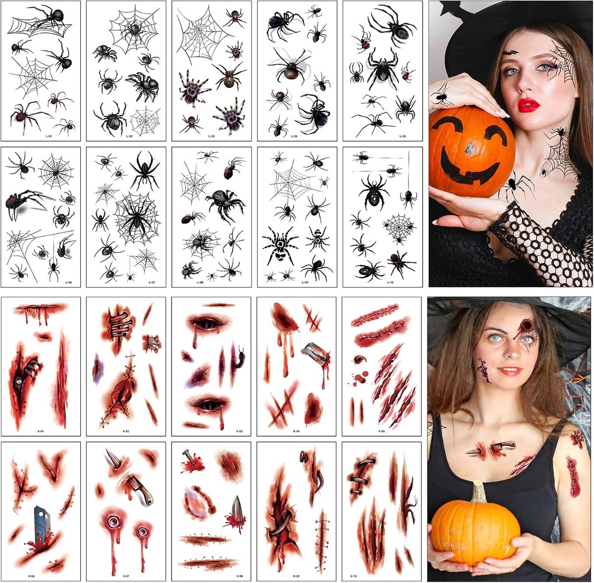 Tijdelijke Tatoeages, Spinnentattoo, Carnavalsgezicht, Littekens Tatoeages Stickers, Realistische Horror Halloween Tattoo Littekens, voor Volwassenen, Kkinderen, Make-up Accessoire