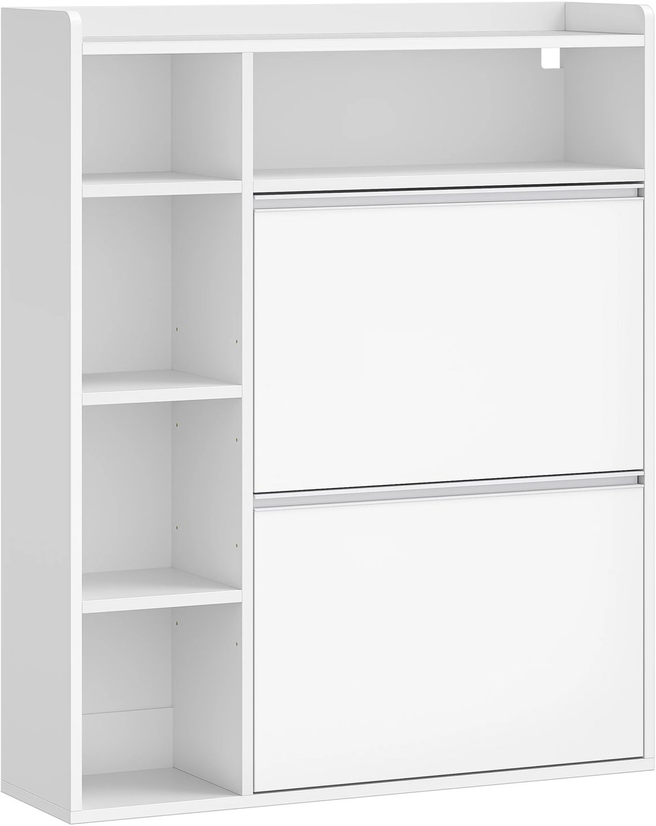 Happiq Schoenenkast - Voor Gang of Entree - Smal met 2 Kleppen en 5 Open Vakken - Wit White