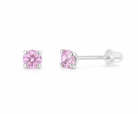 Zilveren oorknopjes met een rond, roze kristal steentje van 3mm in een zetting met silicone sluiting.