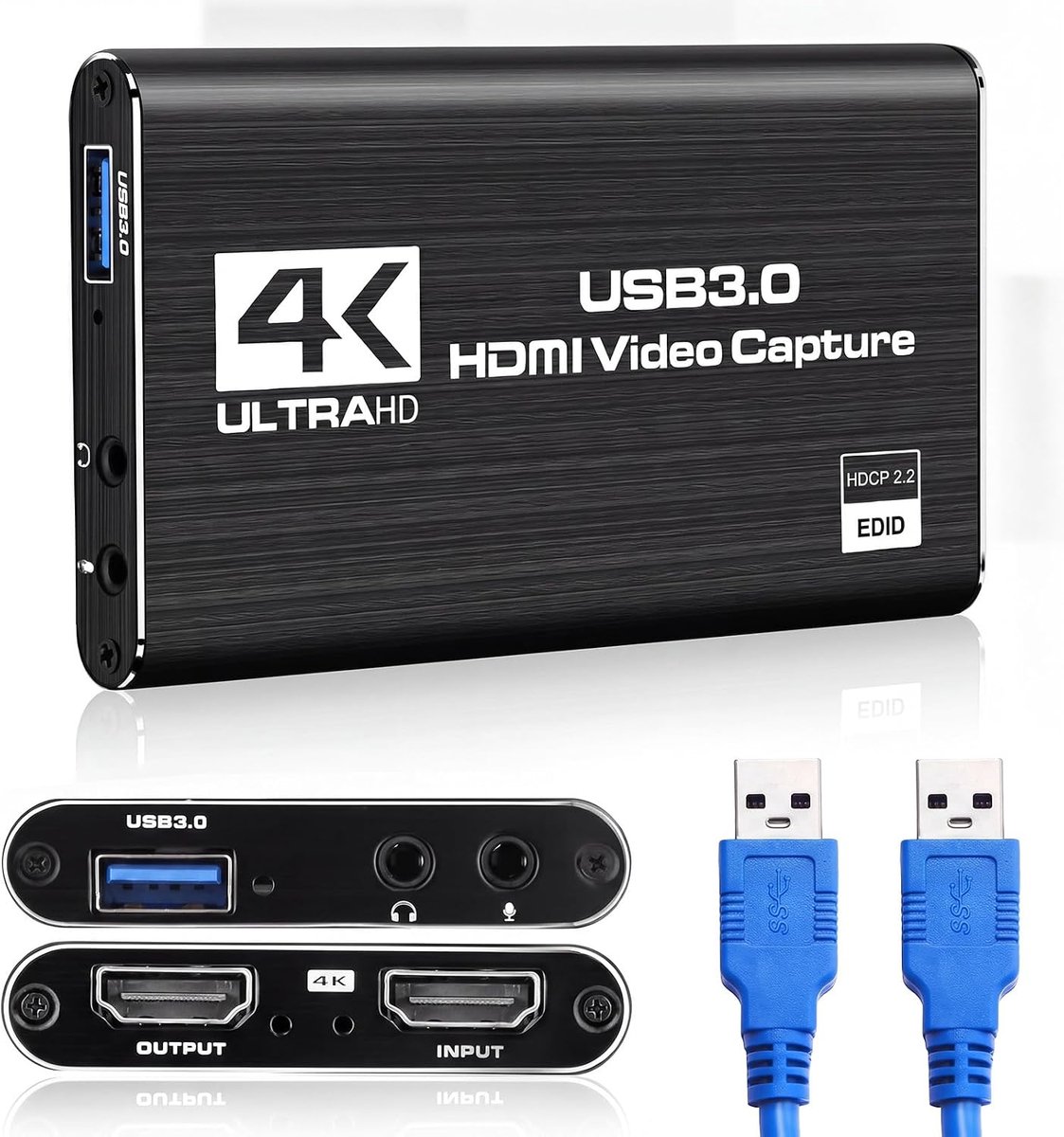4K HDMI Video Capture Card USB 3.0, Audio Video Capture Card met 4K HDMI Loop Out, 1080P 60FPS/2K 30fps opname, compatibel met streaming, OBS, PS5, Switch, Xbox, camera, pc