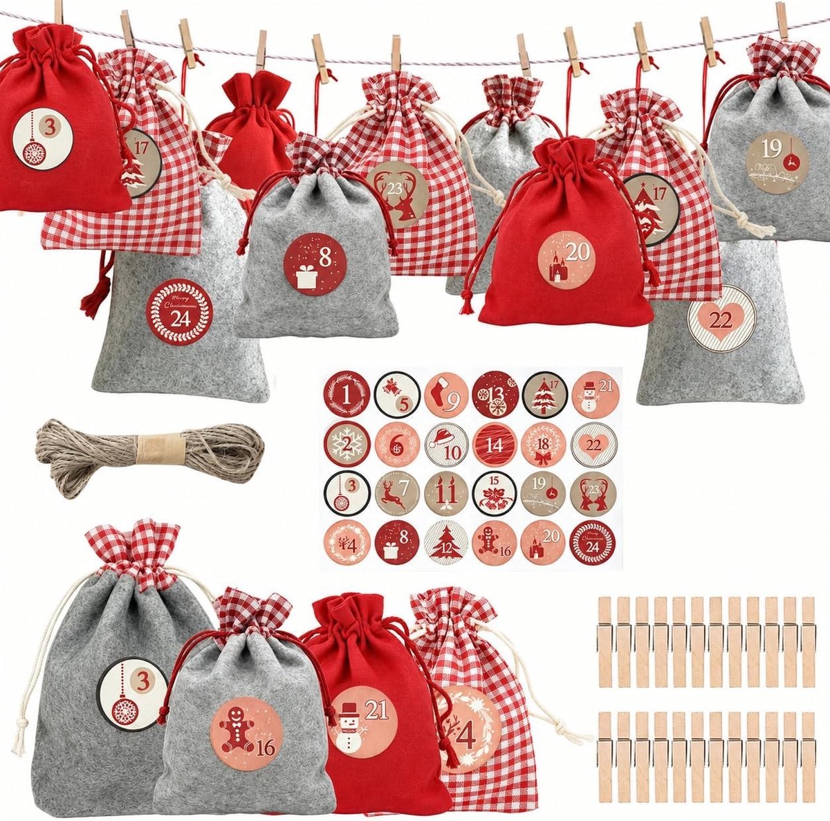 Adventskalender om te vullen - Naturel - Grote en Standaard Zakjes - Katoen-Linnenmix - Voor Vrouwen en Mannen