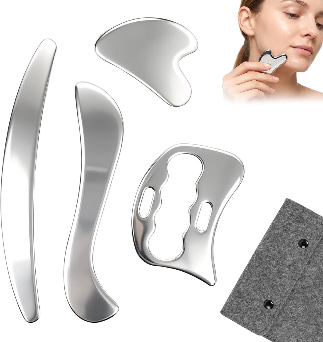 4-in-1 Gua Sha roestvrij stalen set, fascia-schraper en massagegereedschap | Roestvrij staal 304 met gepolijst oppervlak, vier gereedschapsvormen voor verschillende lichaamsdelen, inclusief vilten tas