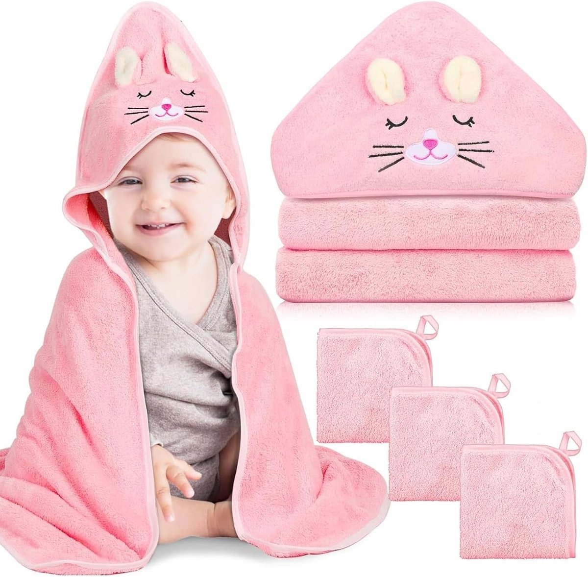 4-delige Baby Badhanddoek Set met Kap, Absorberende en Zachte Handdoeken voor Pasgeborenen en Peuters, Inclusief Washandjes en Badaccessoires