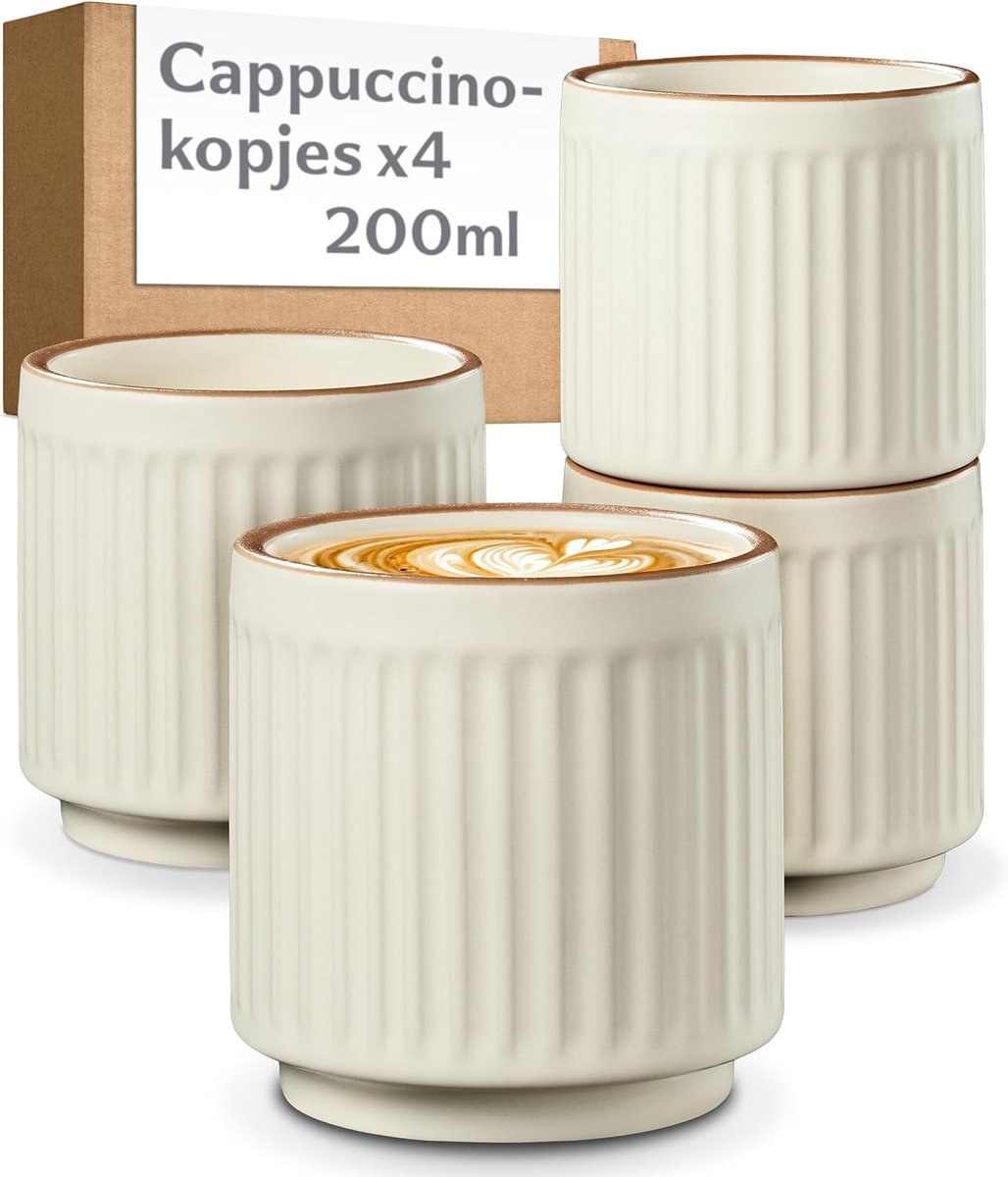 Cosumy Cappuccino Kopjes Set van 4 Beige - Keramiek Koffiekopjes 200 ml | Stapelbaar & Zonder Oor - Dikke Wand Houdt Koffie Warm - Keramiek Veilig voor Vaatwasser & Magnetron