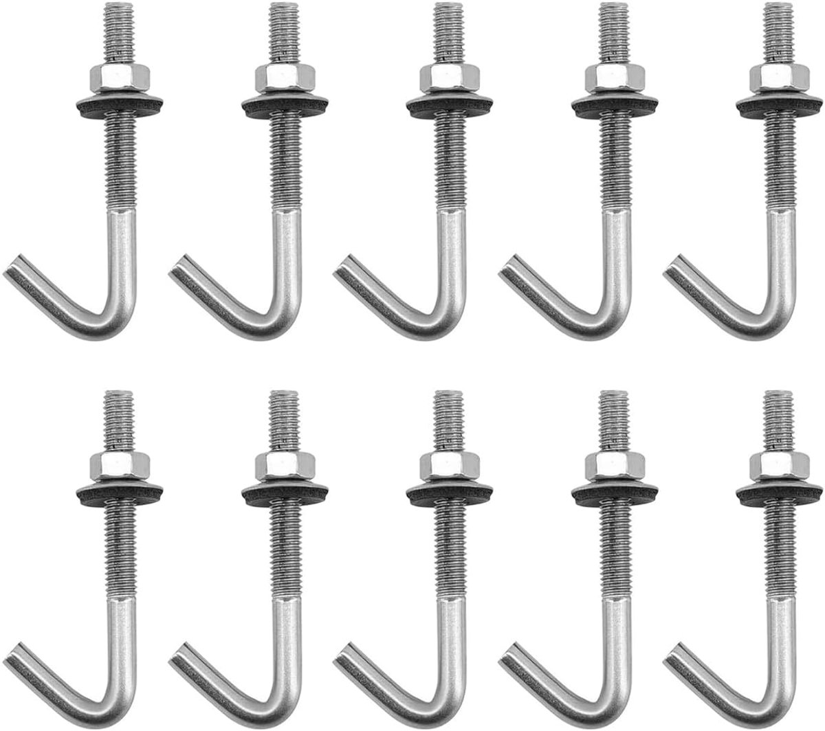 10 stuks dakankerbouten, M6 x 70 mm, 304 roestvrij staal lange schacht 7 vorm wandhaken betonnen ankers schroeven met moeren ringen