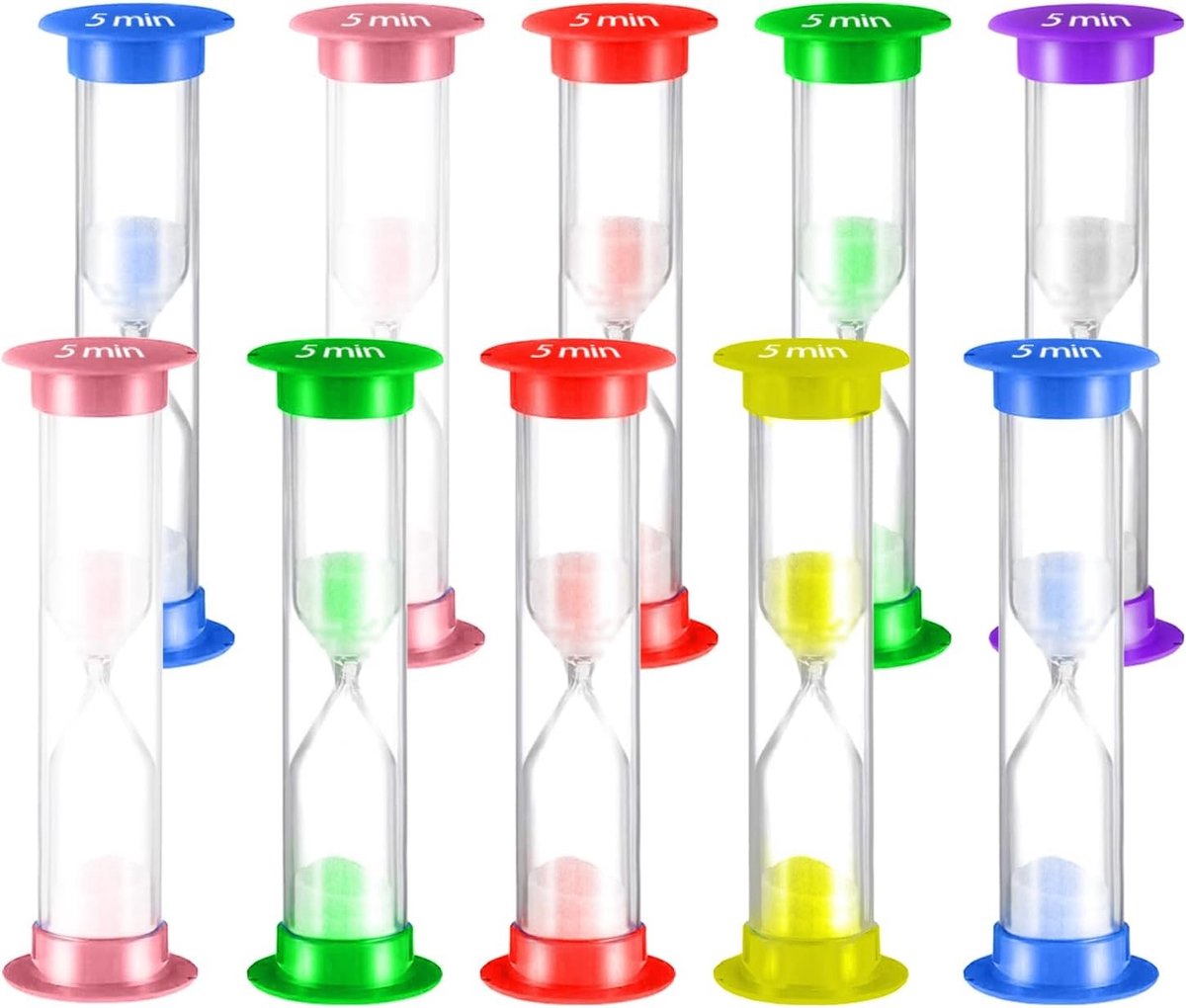 Set van 10 Zandlopers van 5 Minuten, Duurzaam en Multifunctioneel, Perfect voor Tijdbeheer en Creatieve Decoratie