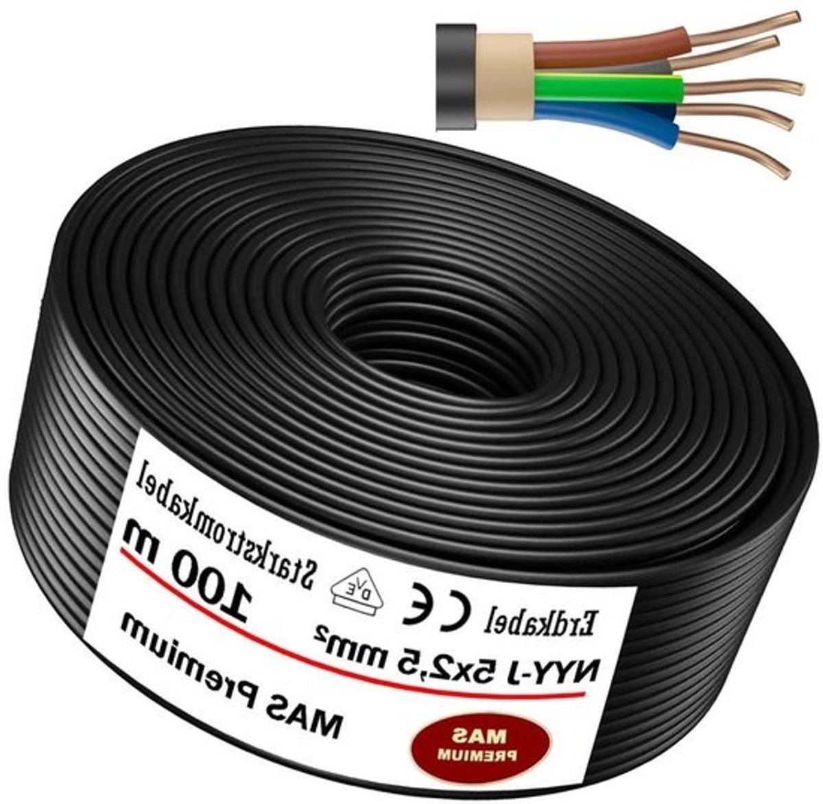 Stroomkabel - Aardkabel Elektriciteitskabel - Vaste Installatie Buitenshuis - NYY-J Sterkroomkabel VDE-Norm - 100 Meter 5x25 mm² - Zwart