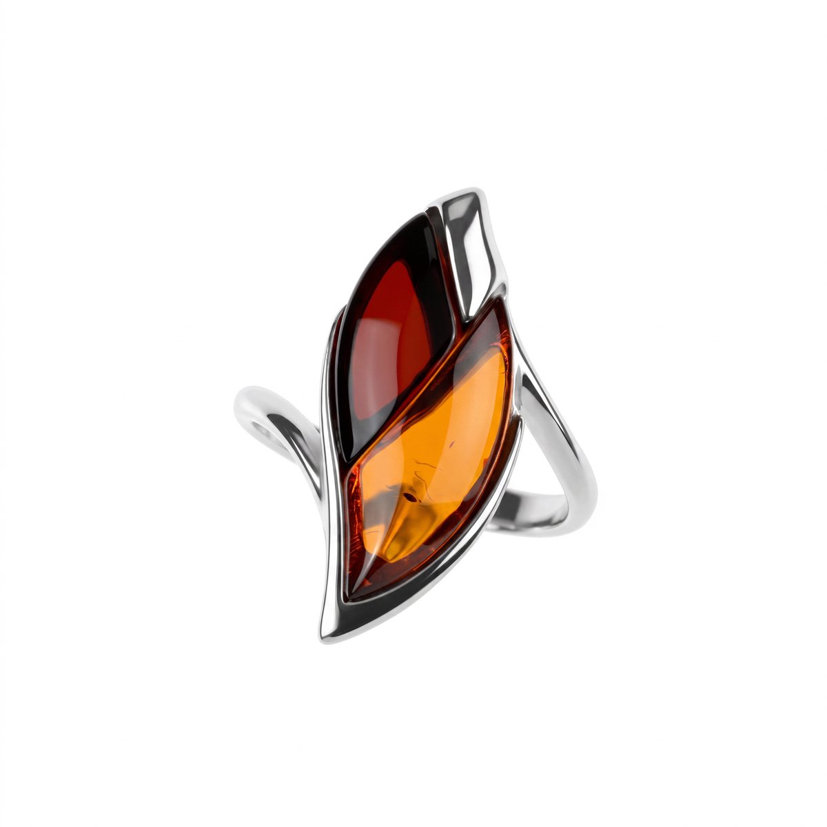 Cavill - Zilveren ring - 925 Sterling Zilver met Rhodium - Cognac en Kersen Baltische Barnsteen 1,567 ct - Fancy Cabochon - Modern Bladmotief