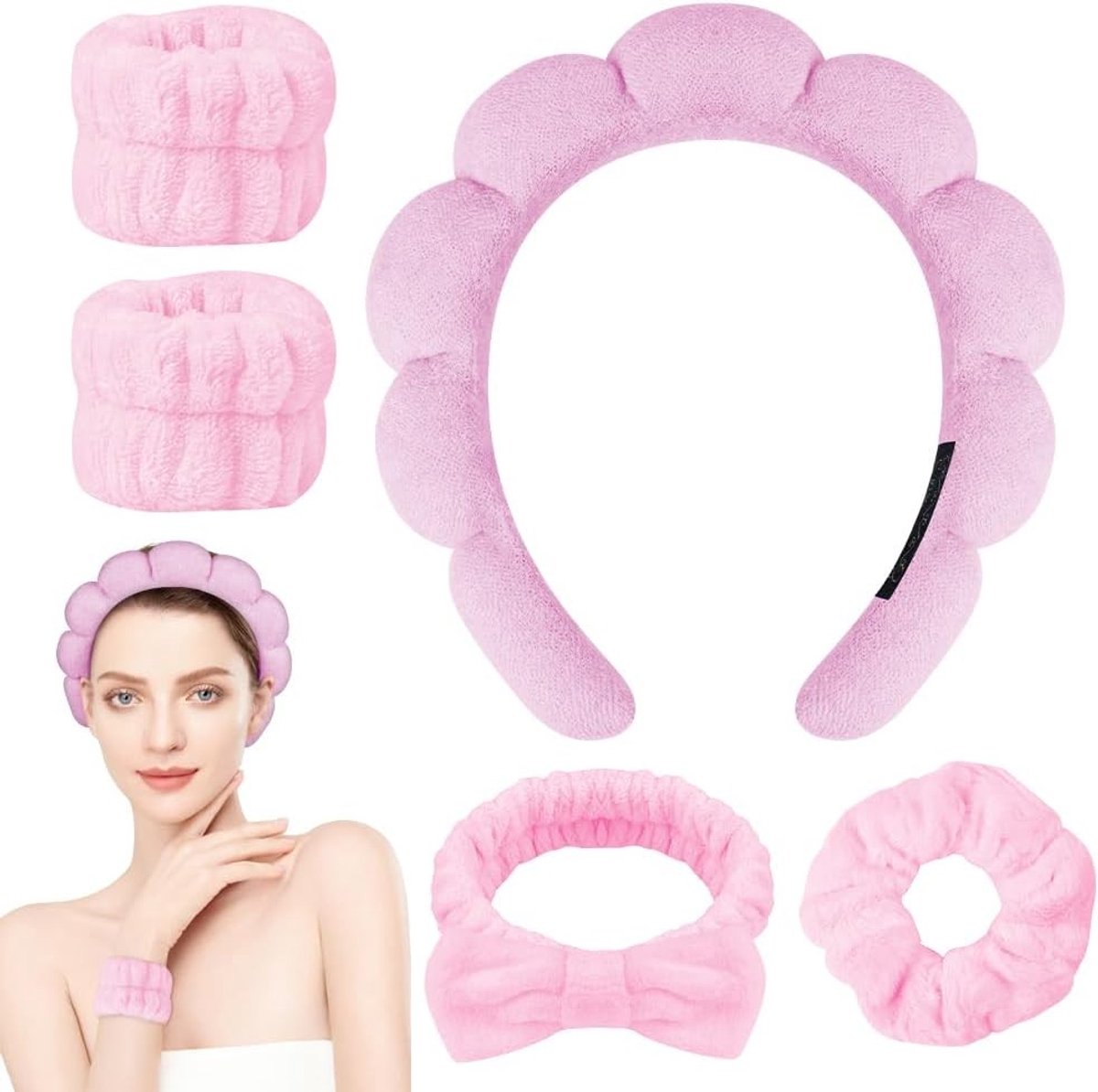 Set van 5 Haarbanden voor Vrouwen - Spons Haarbanden voor Gezichtsreiniging, Make-up en Yoga in Roze