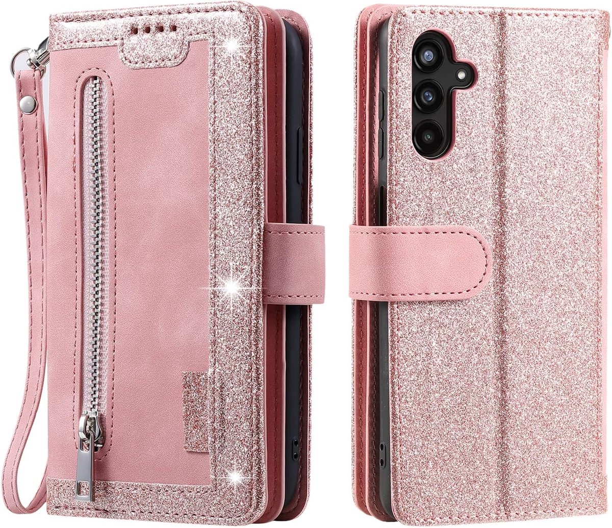 Hoes voor mobiele telefoon voor Samsung Galaxy A13 5G, klaphoes, beschermhoes, klaphoes met standfunctie, kaartenvak, tas, book flip case, roze