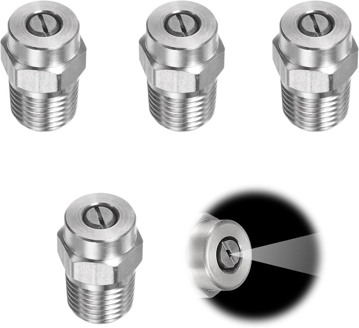 Set van 4 Draadringen met 40° Spuitmond, Opening 1235 mm, 1/4 Inch Mannelijk NPT, Voor Hogedrukreiniger en Ondergrondse Reiniging, RVS en Duurzaam