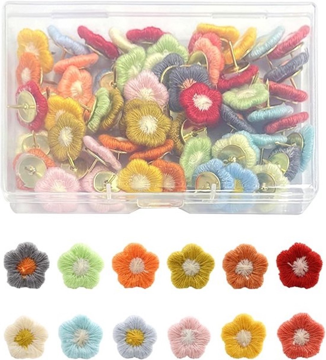 Pack of 60 Flower Thumbtacks in 12 Colors - Decorative Thumbtacks for Pin Boards
