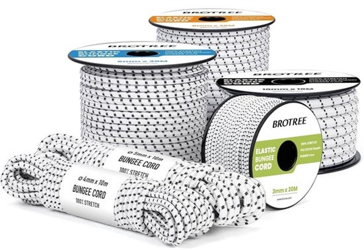 Sterk Elastisch Expander Touw 10mm - Voor Tarp, Waslijn, Kamperen en Klussen Wit/Zwart