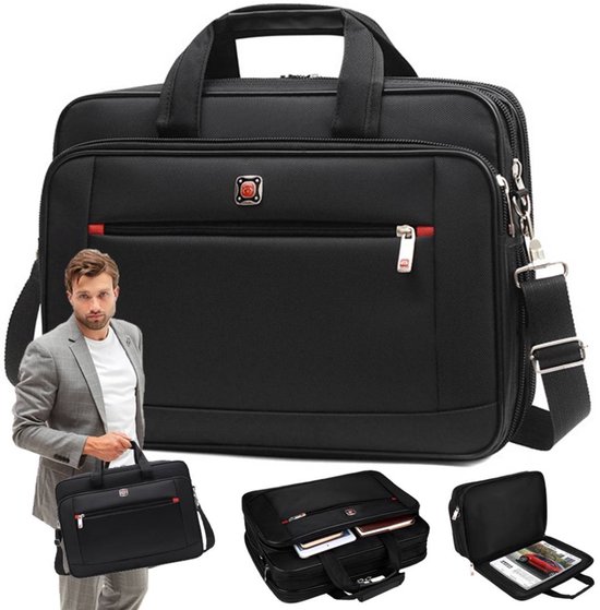 Man in grijs pak met zwarte aktetas, met extra afbeeldingen van de tas.