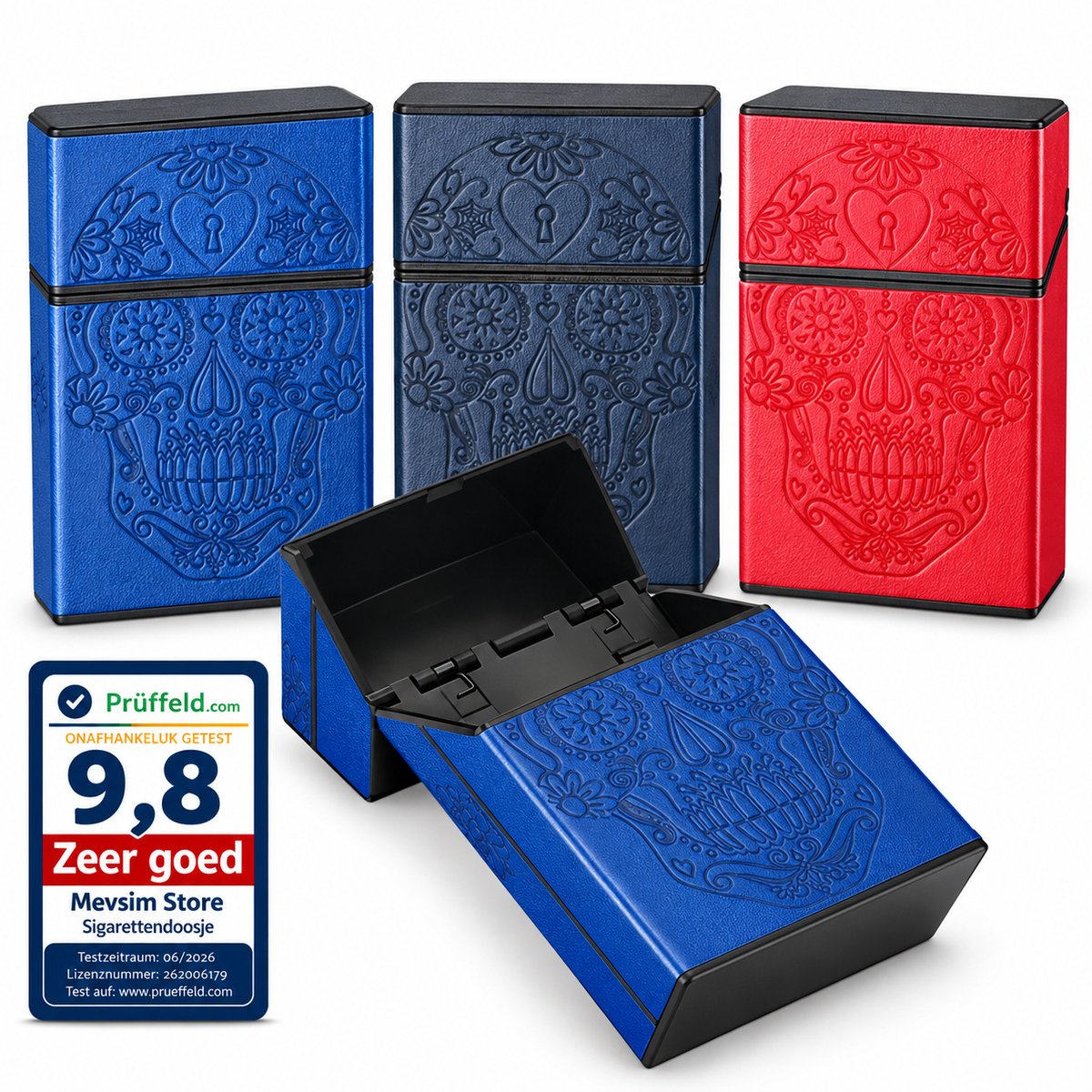 Sigarettendoosjes Calavera - Sigarettenhouder - Sigaretten Box - 20 Sigaretten - Aluminium & PU Leer - Skull Design - Donkerblauw/Blauw/Rood