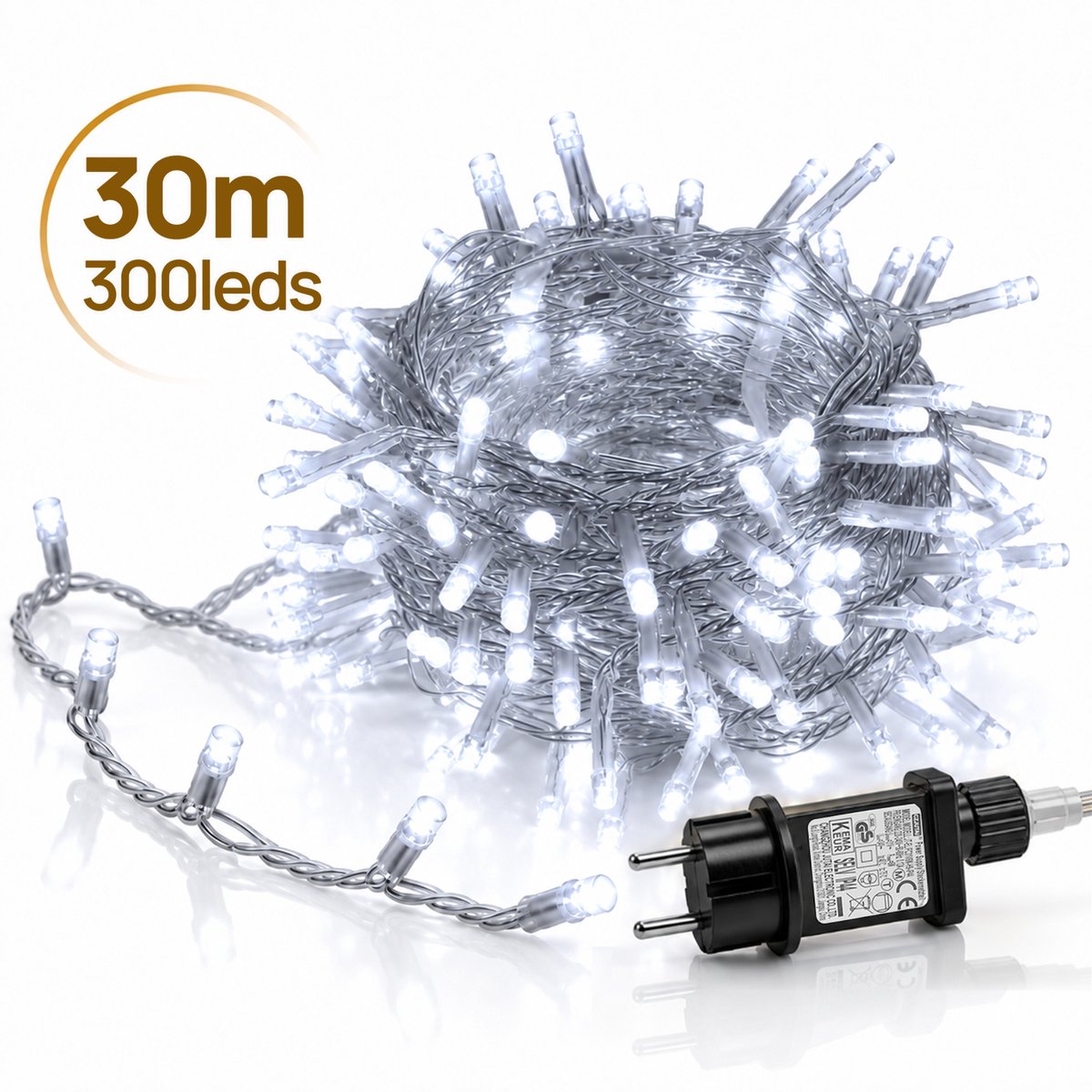 Lapamax LED Lichtsnoer - Kerstverlichting 30 m 300 LEDs Wit - Zonder Tail Plug - 31 V Laagspanning met Timer, Geheugen en 8 Lichtstanden - Kerstboomverlichting met Adapter en 3 m Aanloopsnoer