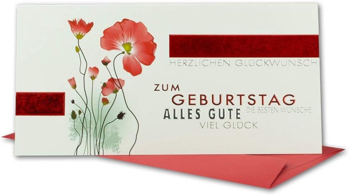 set 10 stuks met envelop rood DIN B6 - motief papaver rood - hoogwaardige rode folie reliëf - wenskaart verjaardag vouwkaart