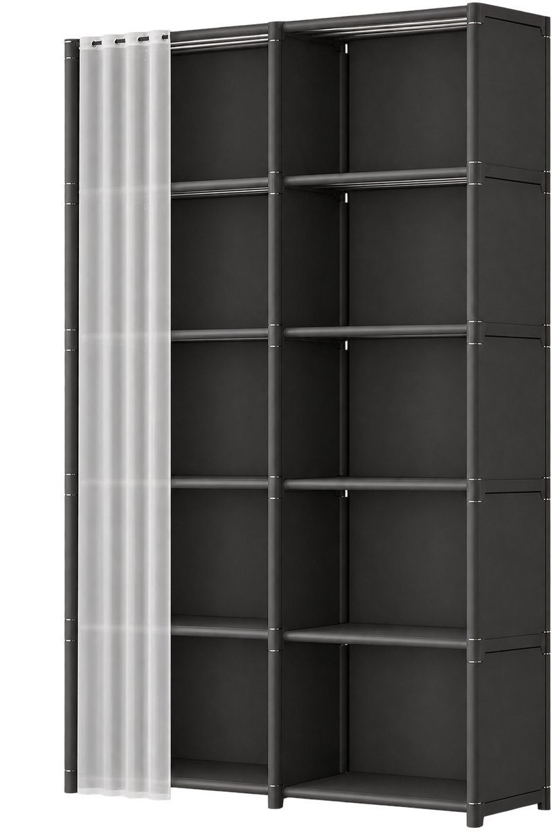 Sellino Kledingkast - 6 Laags - Met Gordijn - Ruimtebesparend - Stof en Metaal - Zwart - 80 x 155 x 28cm