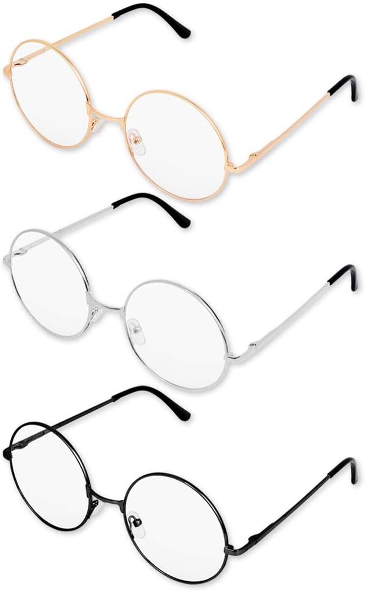 Frame Ronde bril Retro Metal Heldere lens bril, unisex, zwart, goud, zilveren kleur, 3 paar