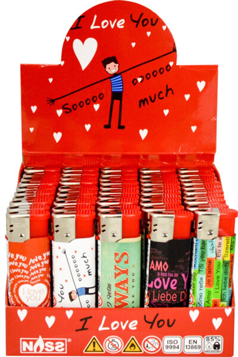 Elektronische aansteker hervulbaar - Design I Love You - Display 50 stuks - wegwerpaansteker - electronic lighter - klik aanstekers