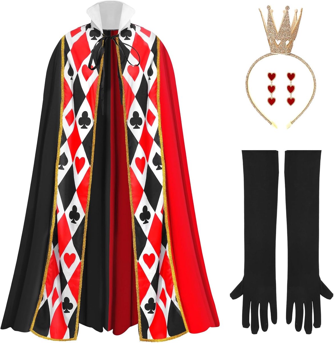 Carnavalskostuum voor dames, 4 stuks, hartkoningin, cape, outfits met handschoenen, hoofdband, oorbellen, verkleedkleding voor Halloween party