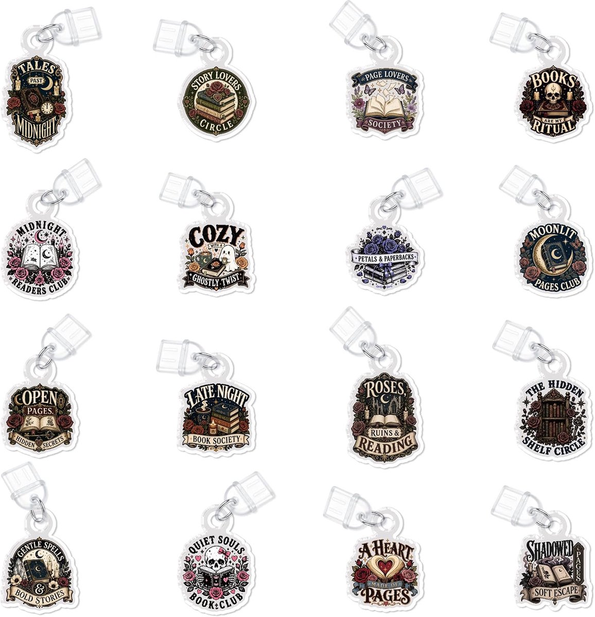 16 Stks 16 Stijlen Donkere Academia Dust Plug Charms, Vintage Reading Acryl Type C Stofstekkers 1,18 Inch Lange E-Reader Charm Accessoires Gift voor Boek Liefhebbers Leraren Vrienden