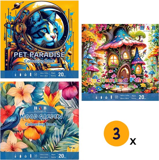 Set de 3 livres de coloriage : "Pet Paradise" avec un chat astronaute, "Enchanted Forest" avec une maison champignon, "Mood Garden" avec un oiseau et des fleurs.