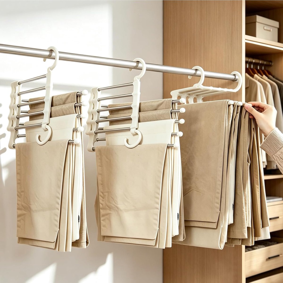 Broekhangers, 5-in-1 multifunctionele broekhangers, 3 stuks opvouwbare broekhouder, kleerhanger voor jeans, sjaals, handdoeken, dames- en herenkleding, wit